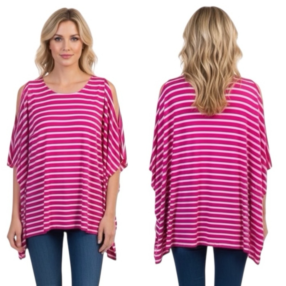 Michael Kors NEW Striped Stretch Kimono Tunic Top Shirt Stretch Big Pink Crew M